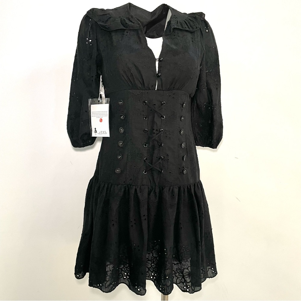 NWT Elegant Black Lace-Up Embroidery Eyelet Dress Size Medium